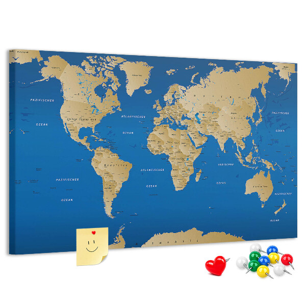 Kurk prikbord wereldkaart met gekleurde spelden