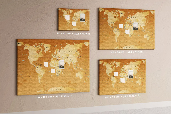 Prikbord wereldkaart in verschillende bruintinten