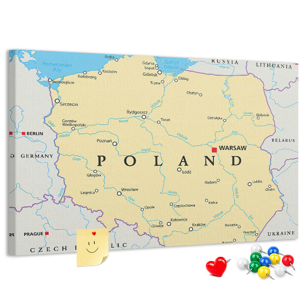 Kurkbord kaart van Polen met aanduiding van Warschau