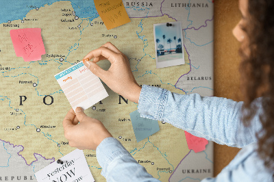 Kurkbord kaart van Polen met aanduiding van Warschau