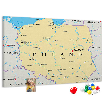 Kurkbord kaart van Polen met aanduiding van Warschau