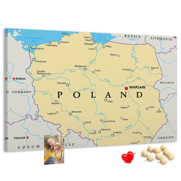Kurkbord kaart van Polen met aanduiding van Warschau