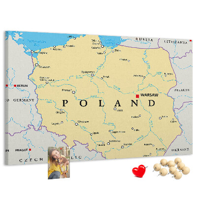 Kurkbord kaart van Polen met aanduiding van Warschau