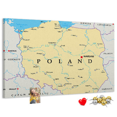 Kurkbord kaart van Polen met aanduiding van Warschau