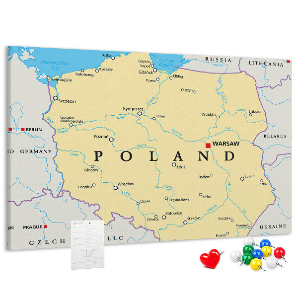 Kurkbord kaart van Polen met aanduiding van Warschau