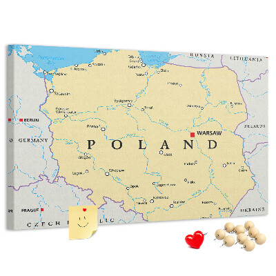 Kurkbord kaart van Polen met aanduiding van Warschau