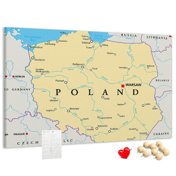 Kurkbord kaart van Polen met aanduiding van Warschau