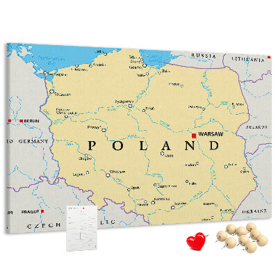 Kurkbord kaart van Polen met aanduiding van Warschau