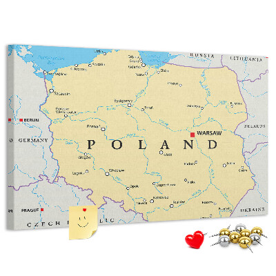 Kurkbord kaart van Polen met aanduiding van Warschau