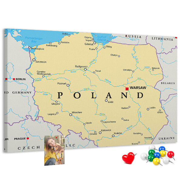 Kurkbord kaart van Polen met aanduiding van Warschau