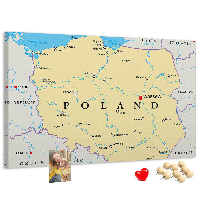 Kurkbord kaart van Polen met aanduiding van Warschau