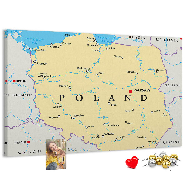 Kurkbord kaart van Polen met aanduiding van Warschau