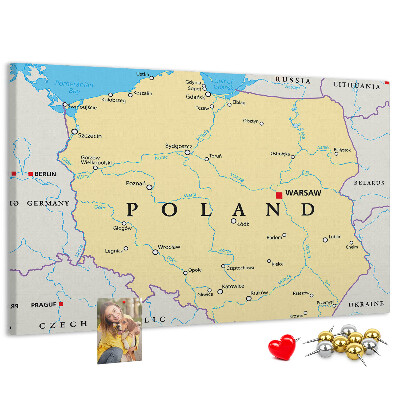 Kurkbord kaart van Polen met aanduiding van Warschau