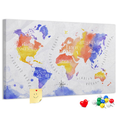 Kurk prikbord wereldkaart in aquarel-stijl