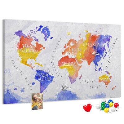 Kurk prikbord wereldkaart in aquarel-stijl