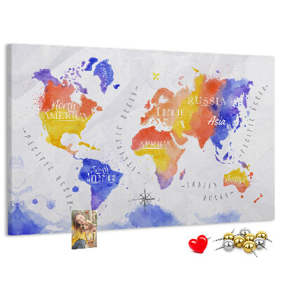 Kurk prikbord wereldkaart in aquarel-stijl