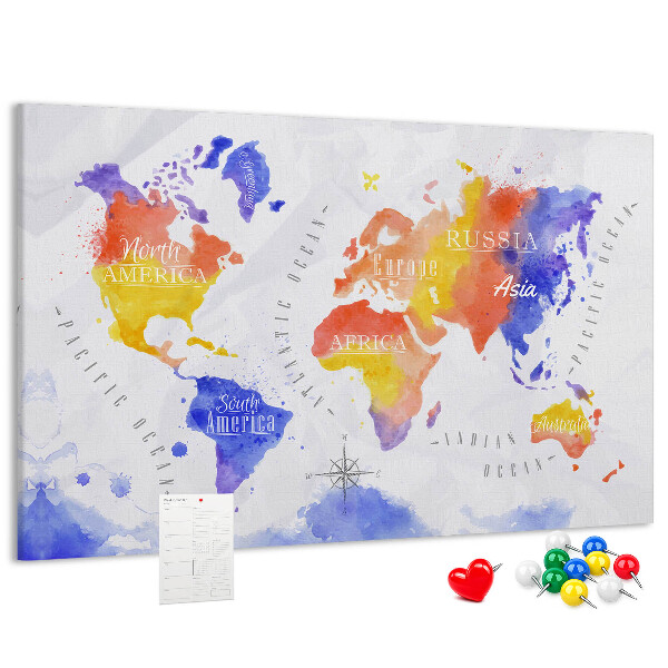 Kurk prikbord wereldkaart in aquarel-stijl