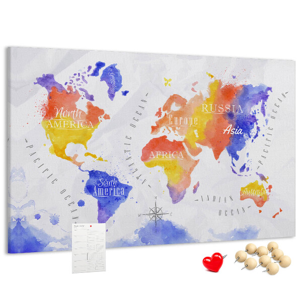 Kurk prikbord wereldkaart in aquarel-stijl