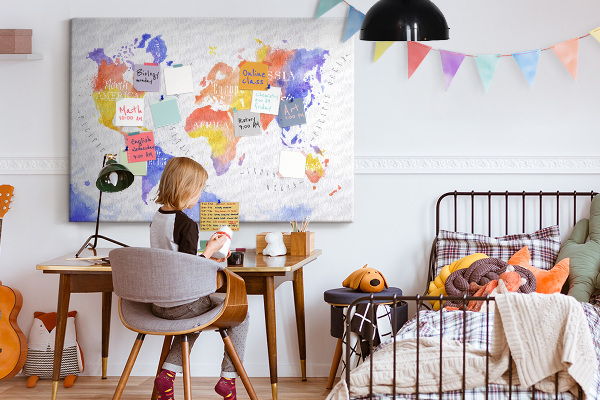 Kurk prikbord wereldkaart in aquarel-stijl