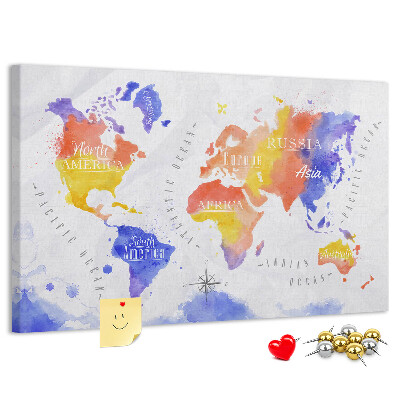 Kurk prikbord wereldkaart in aquarel-stijl