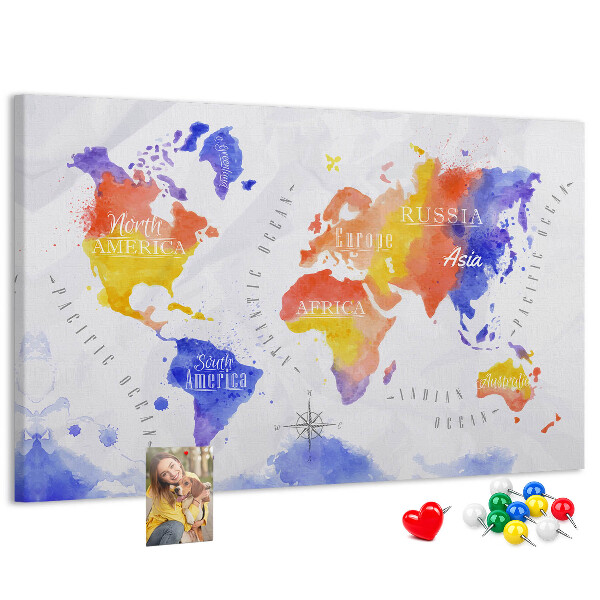 Kurk prikbord wereldkaart in aquarel-stijl