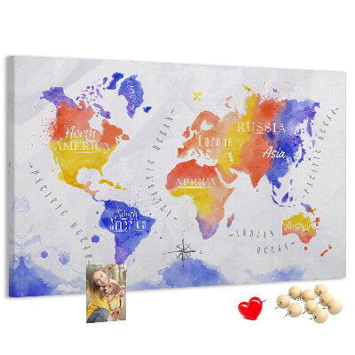 Kurk prikbord wereldkaart in aquarel-stijl