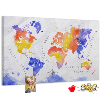 Kurk prikbord wereldkaart in aquarel-stijl