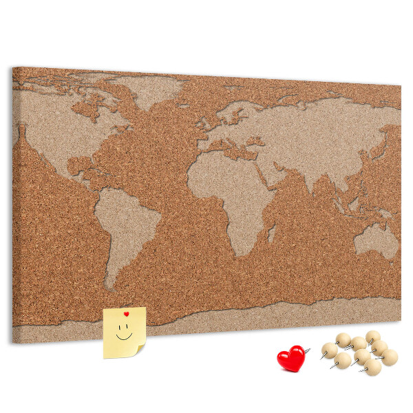 Wereldkaart prikbord van kurk uitgevoerd in kurk