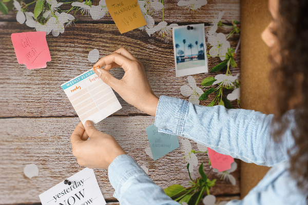 Kurk prikbord met een achtergrond van bloemen op een houten plank
