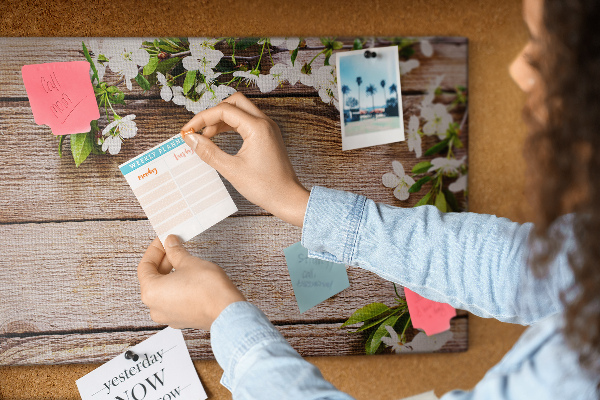 Kurk prikbord met een achtergrond van bloemen op een houten plank
