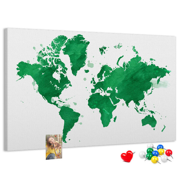 Prikbord met een groene aquarel wereldkaart