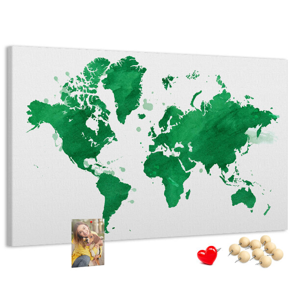 Prikbord met een groene aquarel wereldkaart