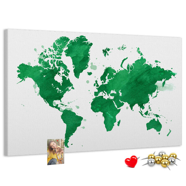 Prikbord met een groene aquarel wereldkaart