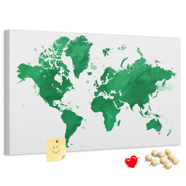 Prikbord met een groene aquarel wereldkaart