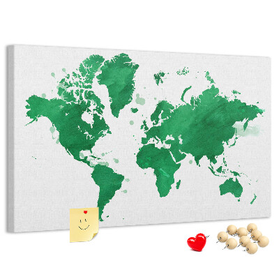Prikbord met een groene aquarel wereldkaart
