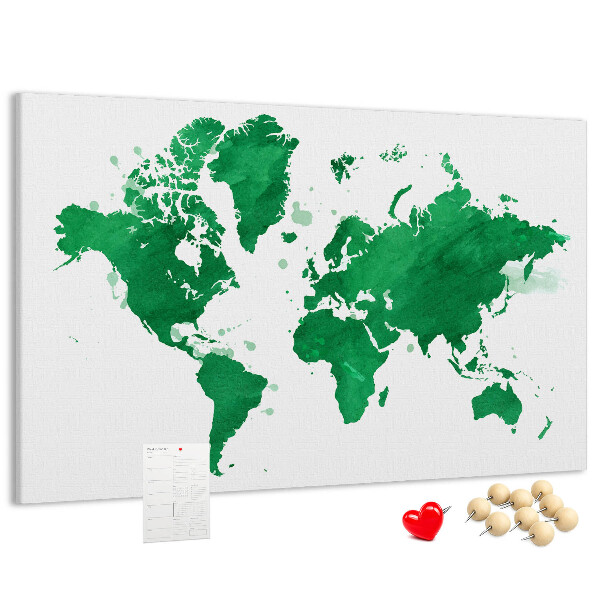 Prikbord met een groene aquarel wereldkaart