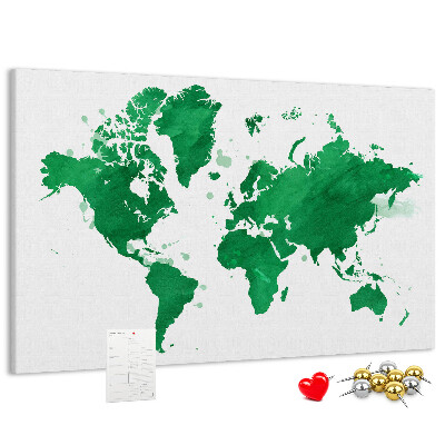 Prikbord met een groene aquarel wereldkaart