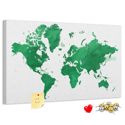 Prikbord met een groene aquarel wereldkaart