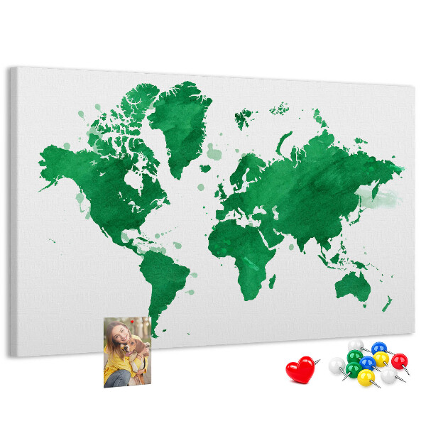 Prikbord met een groene aquarel wereldkaart