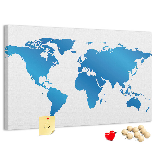 Prikbord met een blauwe wereldkaart op een witte achtergrond