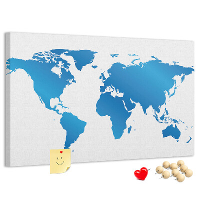 Prikbord met een blauwe wereldkaart op een witte achtergrond