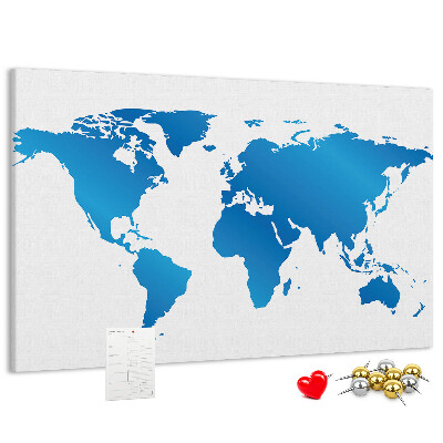 Prikbord met een blauwe wereldkaart op een witte achtergrond