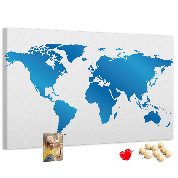 Prikbord met een blauwe wereldkaart op een witte achtergrond