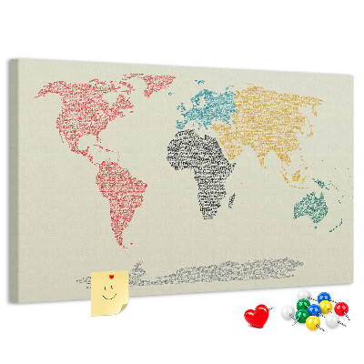 Wereldkaart prikbord met een ontwerp in woorden en kleuren