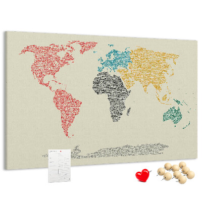 Wereldkaart prikbord met een ontwerp in woorden en kleuren