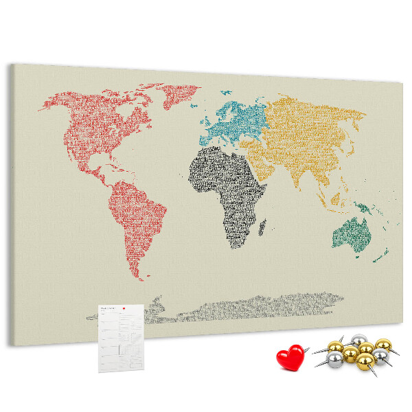 Wereldkaart prikbord met een ontwerp in woorden en kleuren