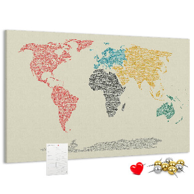 Wereldkaart prikbord met een ontwerp in woorden en kleuren