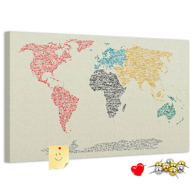 Wereldkaart prikbord met een ontwerp in woorden en kleuren