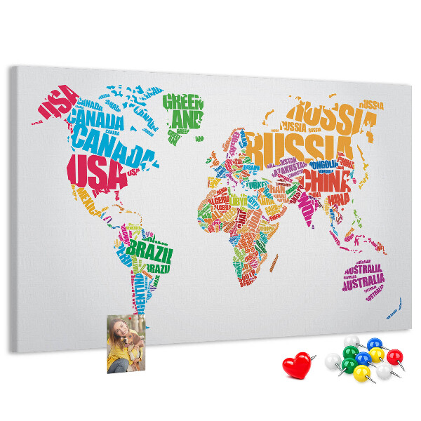 Prikbord wereldkaart kleurrijke wereldkaart met landnamen