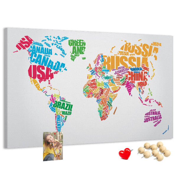 Prikbord wereldkaart kleurrijke wereldkaart met landnamen